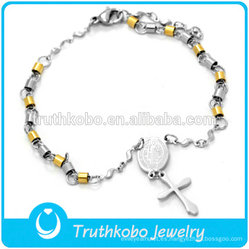 Pulsera con rosario de Cristo en acero inoxidable 316 de plata maciza con cruz y San Benito